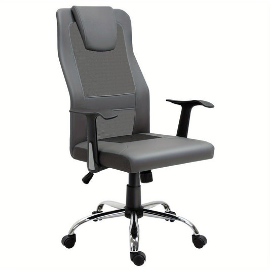 Ergonomische Bureaustoel – Bureaustoel Met Armleuningen – Draaistoel – Werkstoel – Bureaustoel Voor Thuis – Verstelbare Zithoogte – 360° Draaibaar – Grijs Kunstleer – Stevige Houten Constructie – Max. 120 kg
