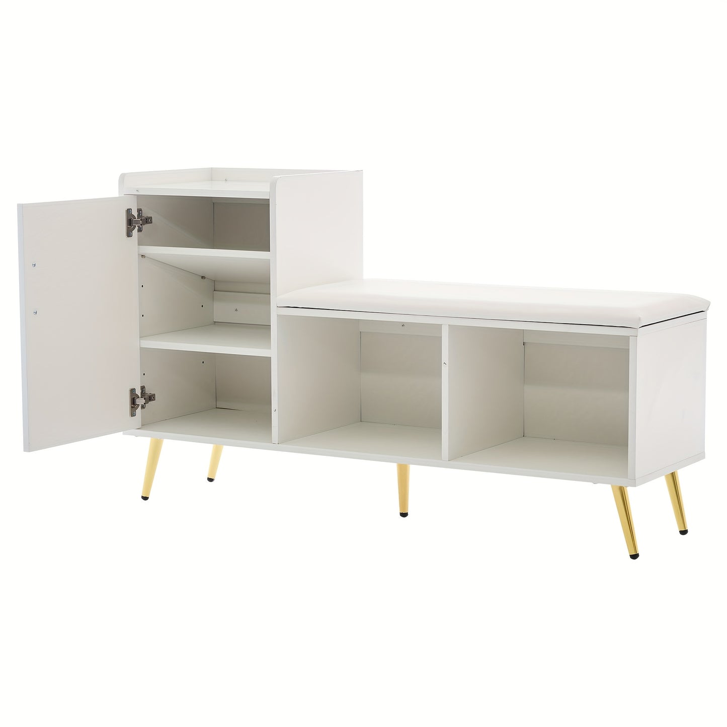 Schoenenkast – Schoenenrek – Schoenenopberger – Halkast – Schoenenbankje – Hoogglans Wit – Met Gouden Accenten – Comfortabel Bekleed Zitgedeelte