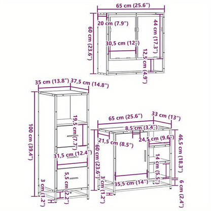 Badkamermeubelset – Badkamerkast – Wastafelonderkast – Spiegelkast – Opbergmeubel – Bruin Eikenlook – 3-Delige Set – Hoogwaardige Materialen