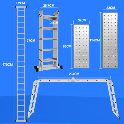 Inklapbare Aluminium Ladder – Multifunctionele Steektrap – A-Frame Trap – Telescopische Ladder – Werkplatform Ladder – Compact Opvouwbaar – Max. Draagkracht 150 kg