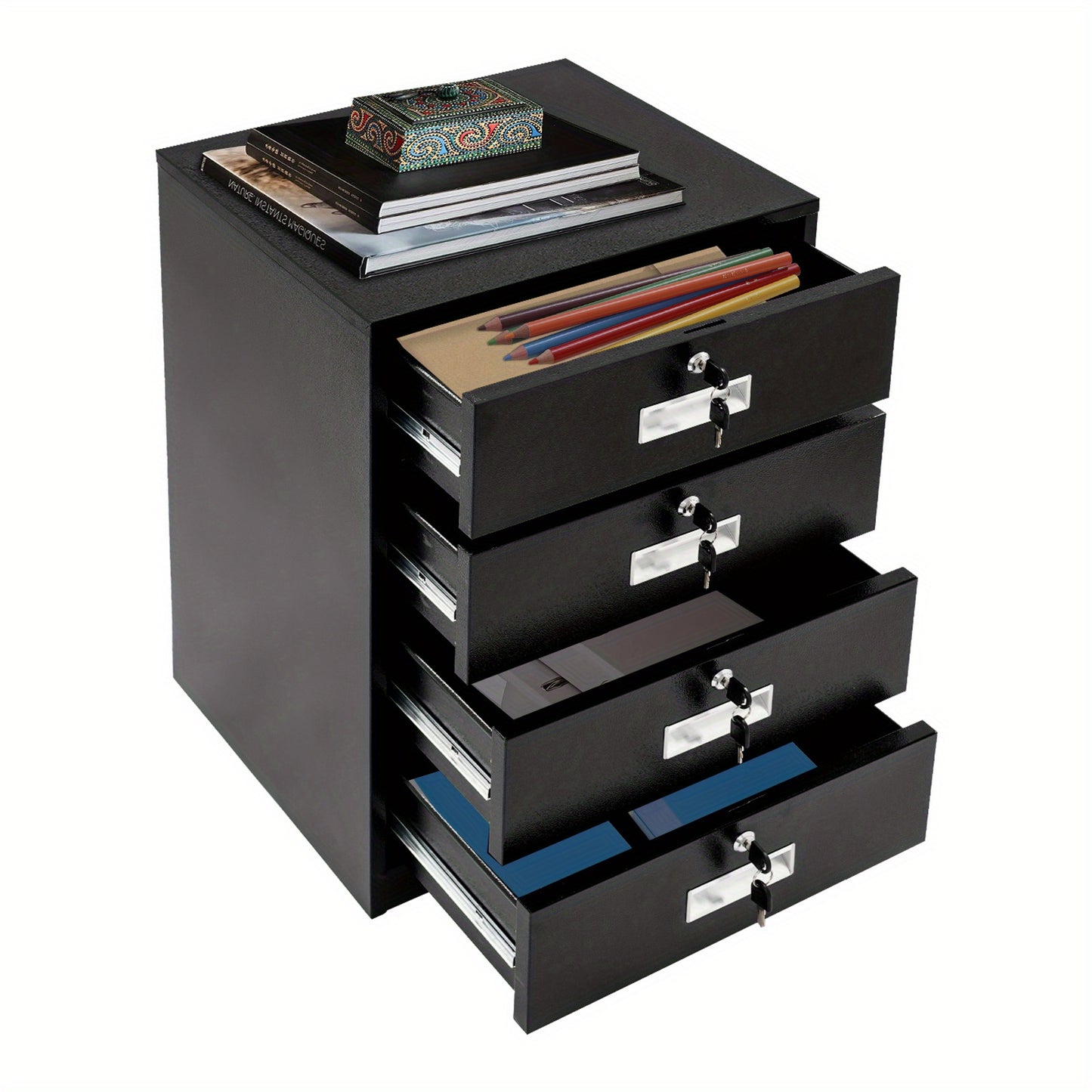 Metalen Opbergkast – Ladekast – Archiefkast – Documentenkast – Lockerkast – Stevig Koudgewalst Staal – 4 Lockable Laden met Sloten – Ruimtebesparend Verticaal Design – Zwart