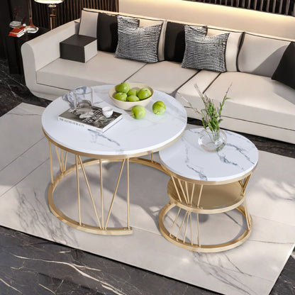 Salontafel Set – Moderne Ronde Tafels – Bijzettafel – Lage Tafel – Woonkamer Tafel – Gouden Metalen Frame – Wit Marmerblad – Nestbaar & Ruimtebesparend – Lichtgewicht & Makkelijk Verplaatsbaar