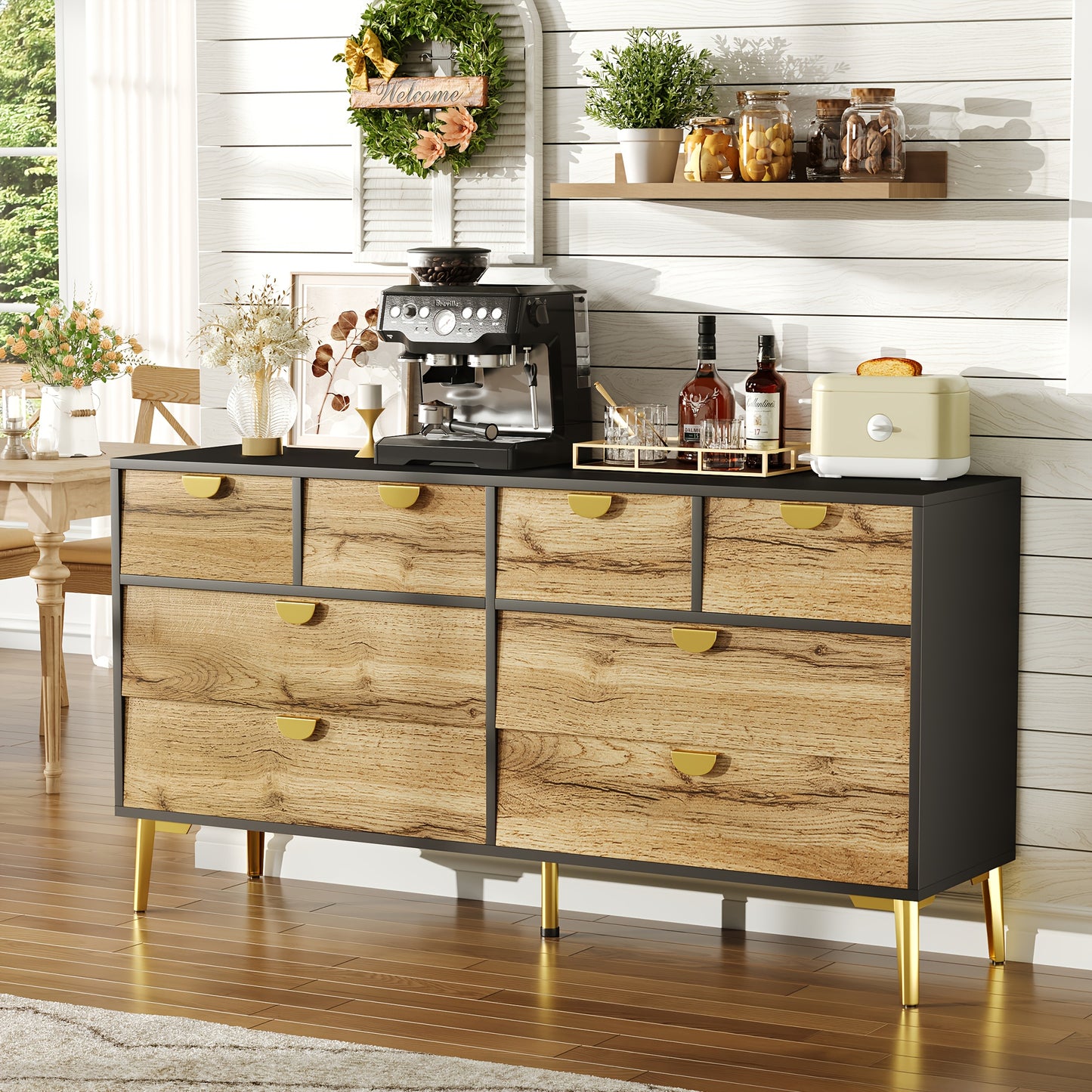 Dressoir – Buffetkast – Opbergkast – Sideboard – Commode – 8 Laden – Vrijstaand – Modern Design – Donkere Deuren – Gouden Poten – Zonder Elektriciteit – Ruime Opbergruimte