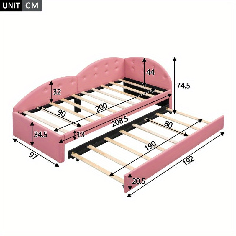 Slaapbank – Uitschuifbare Bedbank – Logeerbed – Bankbed – Bedbank 90x200 cm – Roze PU Leder – Modern Design – Handmatig Uitschuifbaar