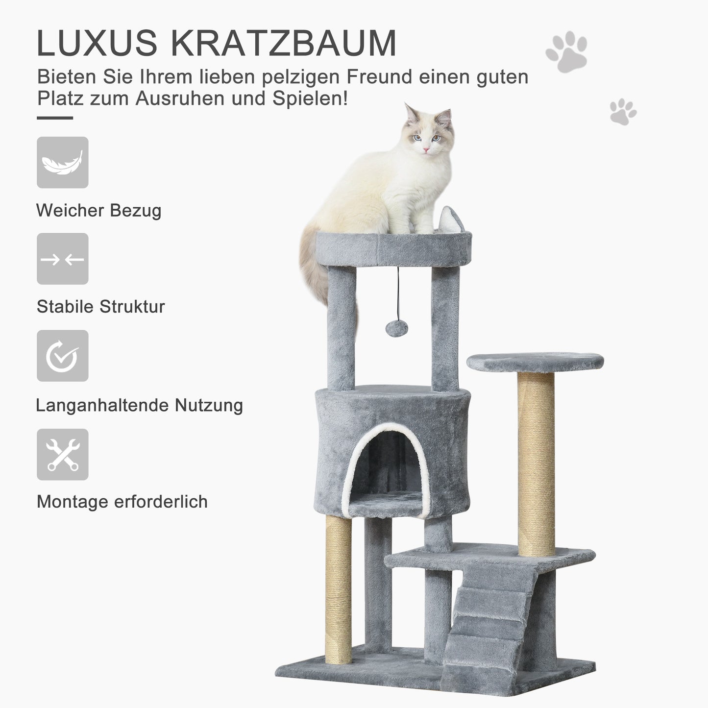 Krabpaal – Krabboom – Kattenmeubel – Klimpaal – Kattenpaal – Lichtgrijs – 100 cm Hoog – Jute Bekleed & Kattenhol Met Ladder