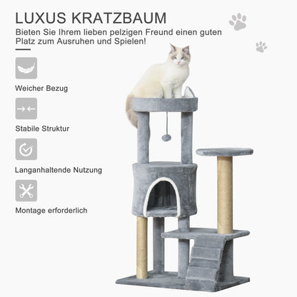 Krabpaal – Krabboom – Kattenmeubel – Klimpaal – Kattenpaal – Lichtgrijs – 100 cm Hoog – Jute Bekleed & Kattenhol Met Ladder