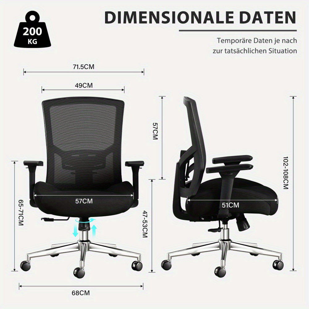 Bureaustoel – Kantoorstoel – Gamingstoel – Desk Chair – Office Chair – Ergonomisch – 200 kg Draagvermogen – Ademend Mesh – Verstelbare Lendensteun – 3D Armleuningen – Kantelmechanisme 105° – Traagschuim Zitting – Metaal Frame – Zwart