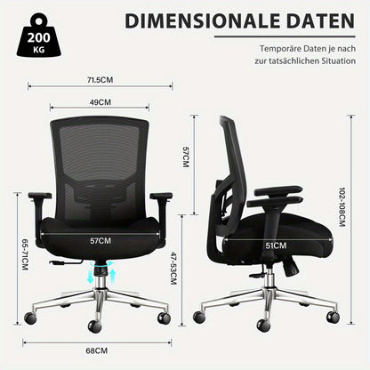 Bureaustoel – Kantoorstoel – Gamingstoel – Desk Chair – Office Chair – Ergonomisch – 200 kg Draagvermogen – Ademend Mesh – Verstelbare Lendensteun – 3D Armleuningen – Kantelmechanisme 105° – Traagschuim Zitting – Metaal Frame – Zwart