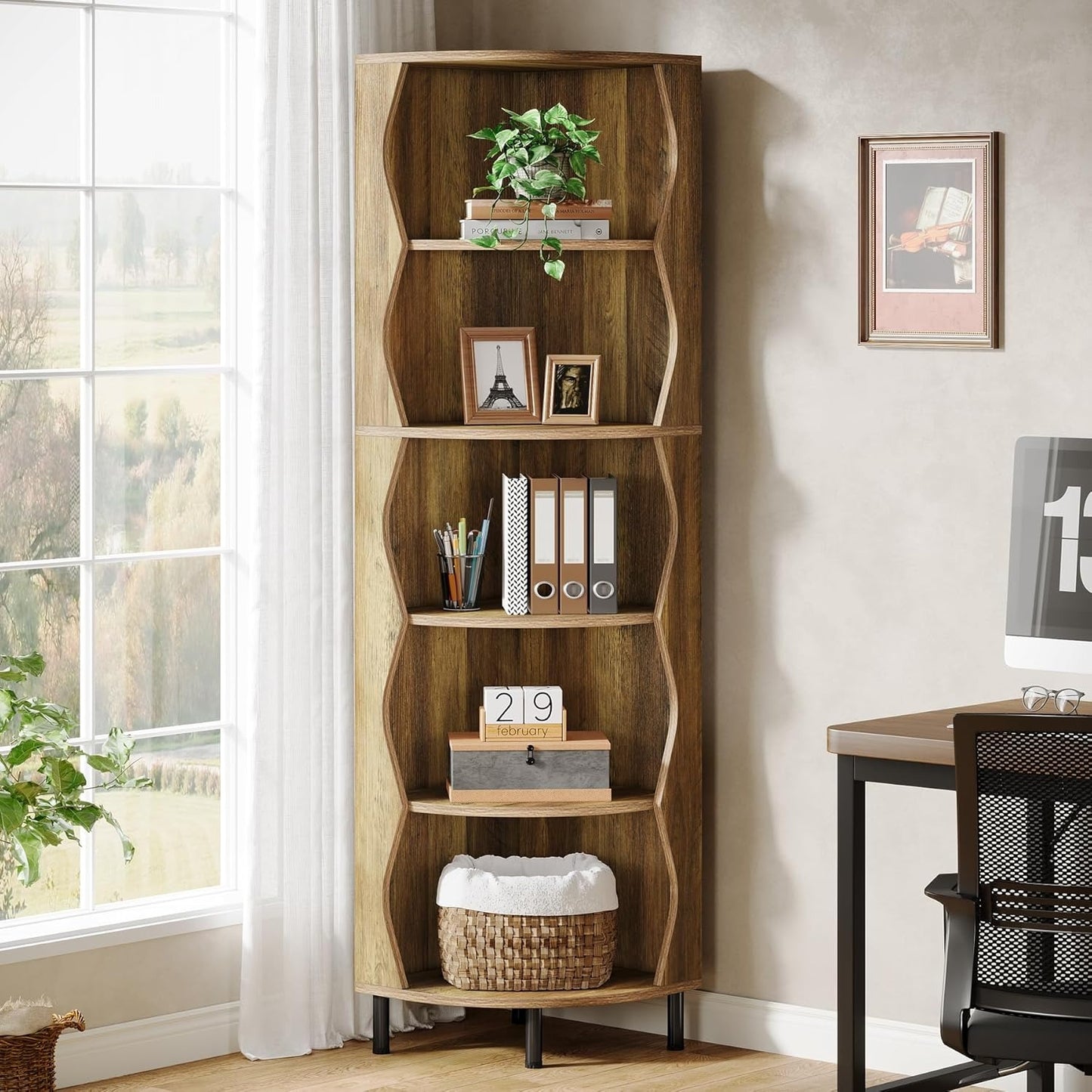 Boekenrek – Boekenkast – Boekenplank – Wandrek – Opbergkast – 5-Lagen Hoekplank – Hoog 182 cm – Stevig MDF Metalen Frame – Space-Saving Design Rustiek Bruin