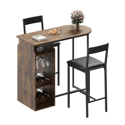 Barset voor Twee – Barkrukken Set – Bartafel Compact – Wijnrek Tafel – Glazenhouder – Bruin – Ruimtebesparend Design – Massief Hout en Metaal