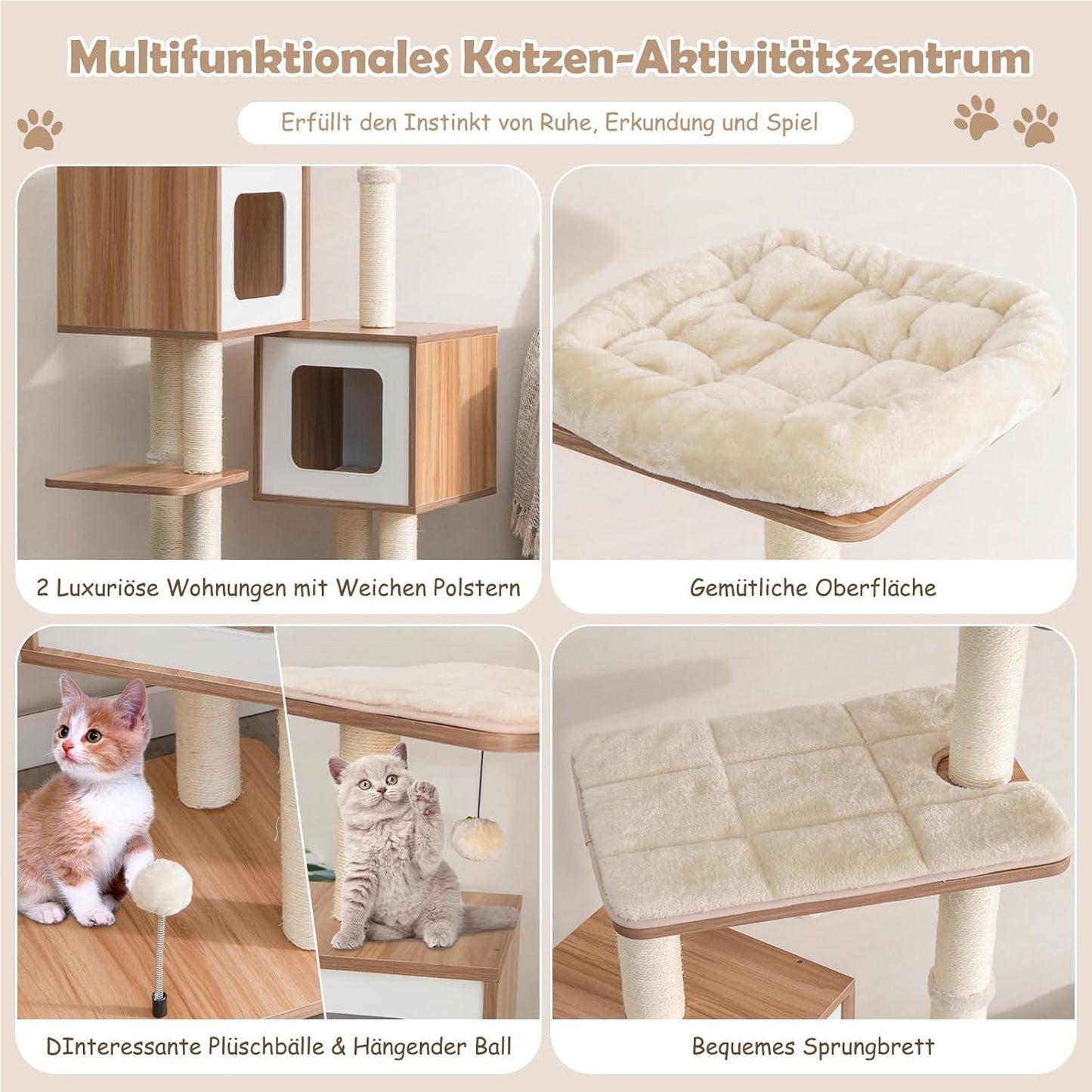 Krabpaal – Kattenboom – Krabmeubel – Kattenhuis – Kattentoren – Meerlaagse Speelboom – Natuurlijk Sisal – 163 cm Hoog – 2 Ruime Condos – Zachte Kussens – Inclusief Speelballen
