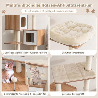 Krabpaal – Kattenboom – Krabmeubel – Kattenhuis – Kattentoren – Meerlaagse Speelboom – Natuurlijk Sisal – 163 cm Hoog – 2 Ruime Condos – Zachte Kussens – Inclusief Speelballen