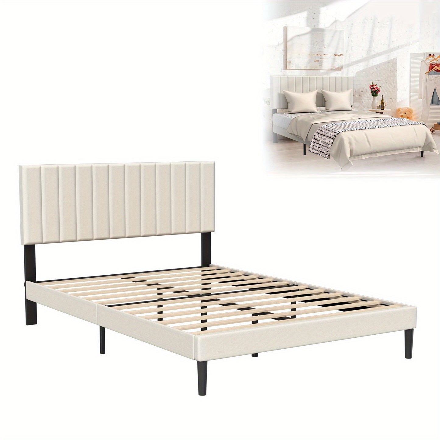 Bedframe – Gestoffeerd Bed – Slaapkamerbed – Platformbed – Fluwelen Bed – Beige Fluwelen Bekleding – Houten Lattenbodem – 90x200 cm
