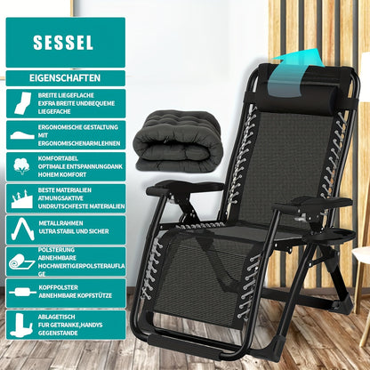 Inklapbare Loungestoel – Campingstoel – Tuinstoel – Balkonstoel – Relaxstoel – Verstelbare Rugleuning – Uitneembare Kussens – Stevig Metalen Frame – Inclusief Hoofdsteun en Zijtafel – Silvery 65 cm