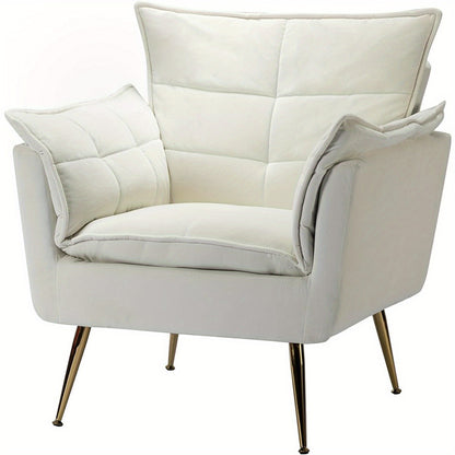 Zetel – Fauteuil – Leunstoel – Lounge Stoel – Armstoel – Modern Velvet – Gouden Metalen Poten – Comfortabele Dikke Zitting – Ivoorkleurig