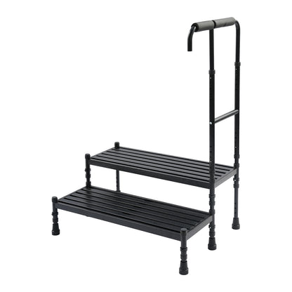 Heavy-Duty Step Stool with Handle & Adjustable Handrail - 2-Step Ramp Suitable for, Seniors, Mobility Aid - Sturdy Metal Stepping Stool with Wide Steps & Rubber Feet for Bed, Car, Use