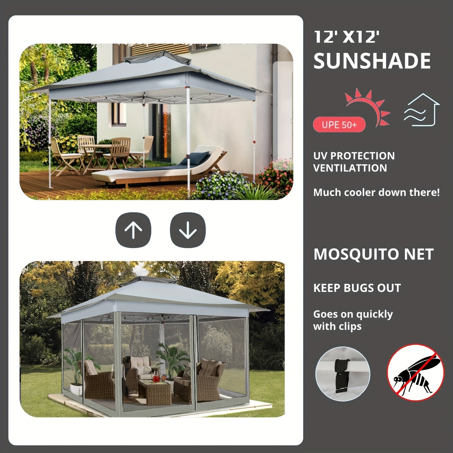 Pop-Up Partytent – Tuigentent – Paviljoen – Terrastent – Muggennet Tent – Pop-Up Snel Opzetten – Dubbel Ventilatiedak – 3,6x3,6m – Khaki