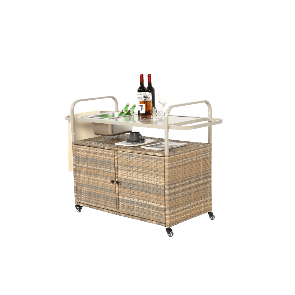 Wicker Bar Trolley – Barkaart – Serveerwagen – Buitenwagen – Tuinwagen – Beige Wicker – Met Metalen Tafelblad – Voorzien Van Vergrendelbare Wieltjes