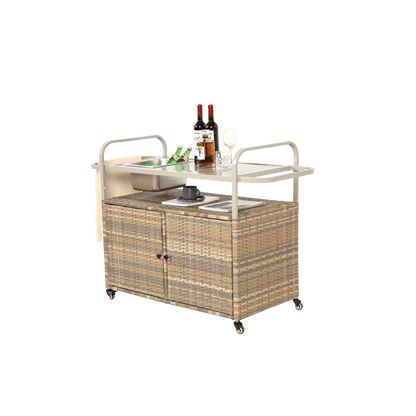 Wicker Bar Trolley – Barkaart – Serveerwagen – Buitenwagen – Tuinwagen – Beige Wicker – Met Metalen Tafelblad – Voorzien Van Vergrendelbare Wieltjes