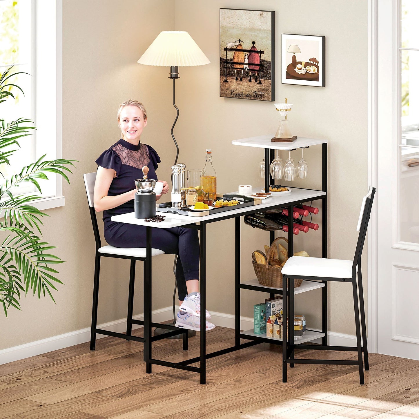 Bartafel Set – Bar Tafel – Statafel – Barkrukken Set – Hoge Tafel – Inklapbaar Tafelblad – Wijnrek Met Glashouders – Wit Marmerlook