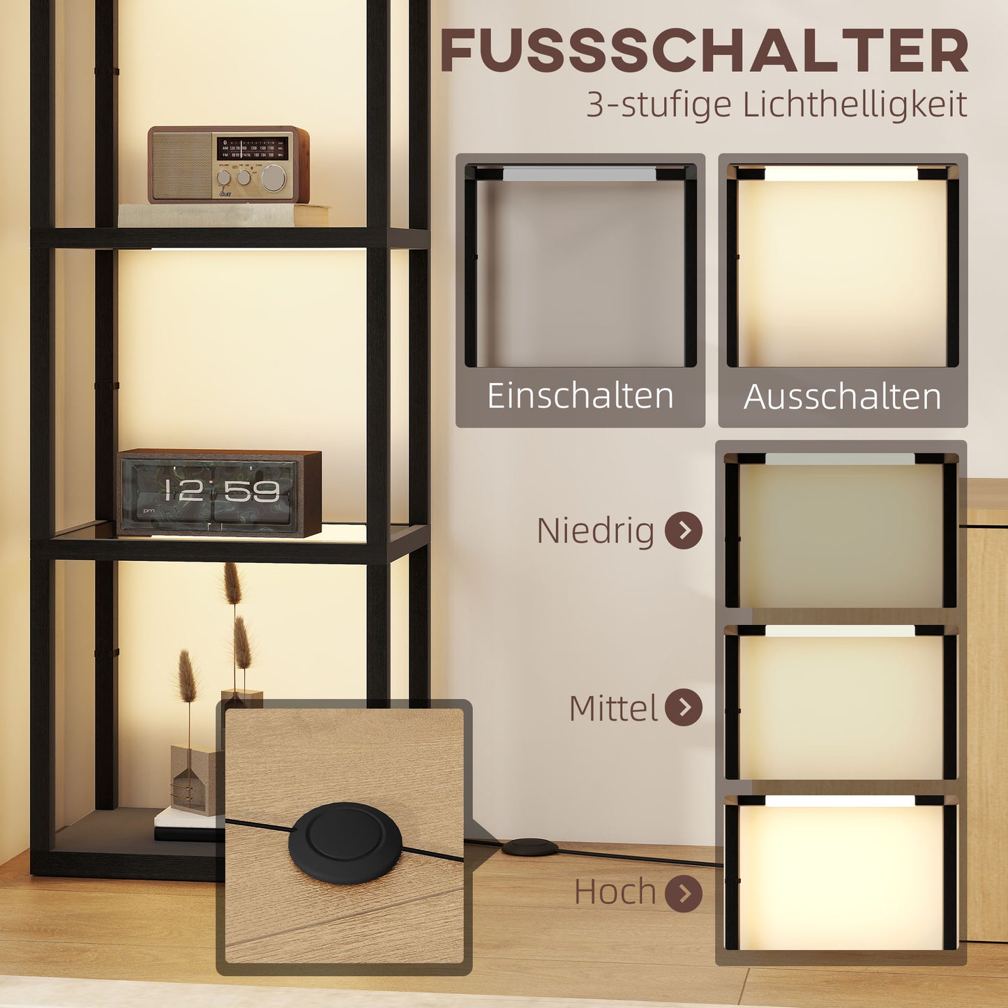 Vloerlamp – Staande Lamp – Ledlamp – Leeslamp – Sfeerlamp – 4 Glazen Planken – Warmwit Licht 3000K – Voetschakelaar Dimbaar – 157 cm Hoog – Zwart