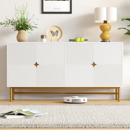 Sideboard with Raised Texture 160cm, Cabinet with Four Doors and Golden Brushed Handles & High-Gloss Table Legs, White, 160×40×82cm, Entryway Cabinet, Bedroom Sideboard, Elegant Handles, Sleek Cabinet, Stylish Hardware, Dur