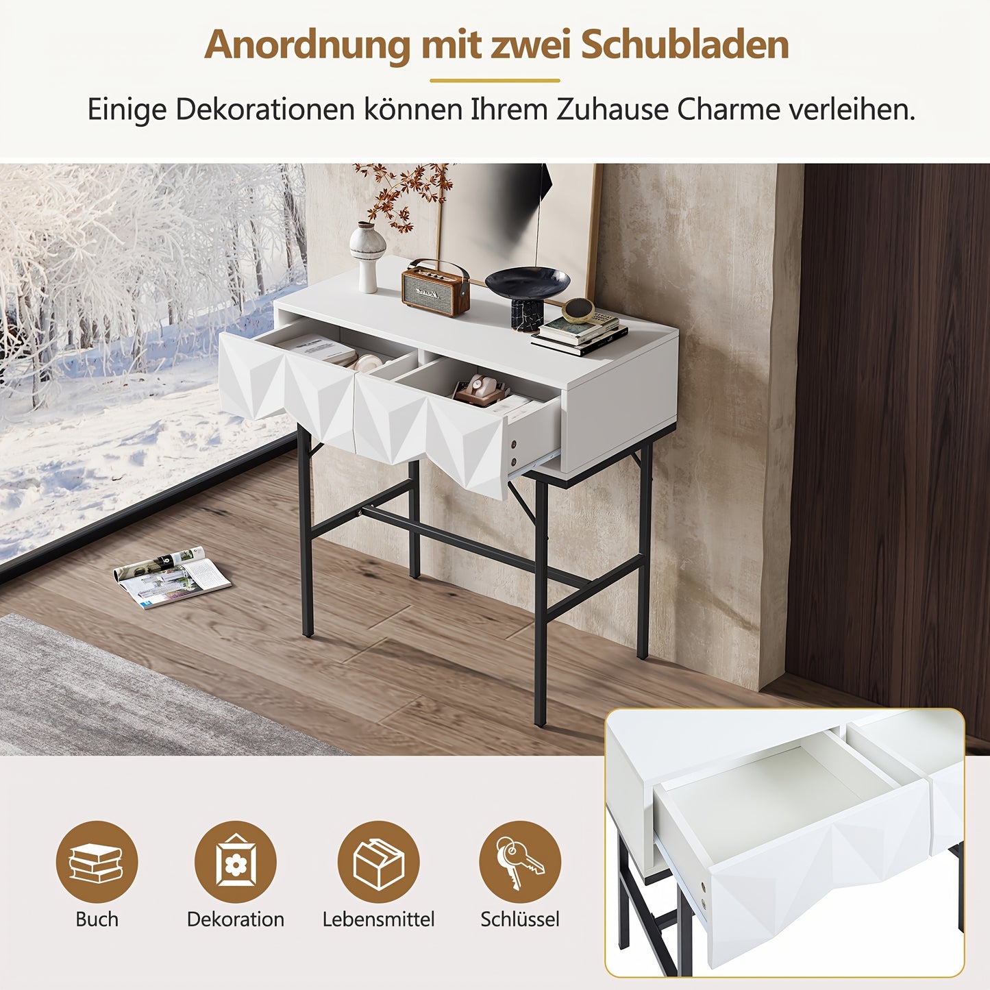 Moderne Sidetable – Haltafel – Wandtafel – Opbergtafel – Console Tafel – Geometrisch 3D Ladesysteem – Wit Met Zwarte Poten