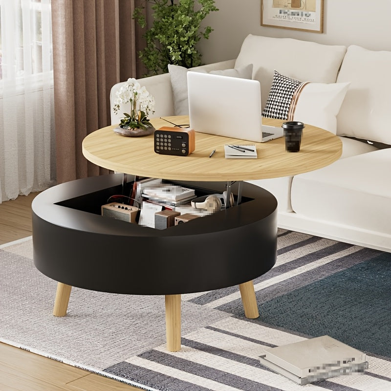 Salontafel – Woonkamer Tafel – Bijzettafel – Koffietafel – Sofa Tafel – Verstelbare Hoogte – Verbergde Opbergruimte – Rond – Zwart – 73x73x44,3 cm – Stevig Metaalframe