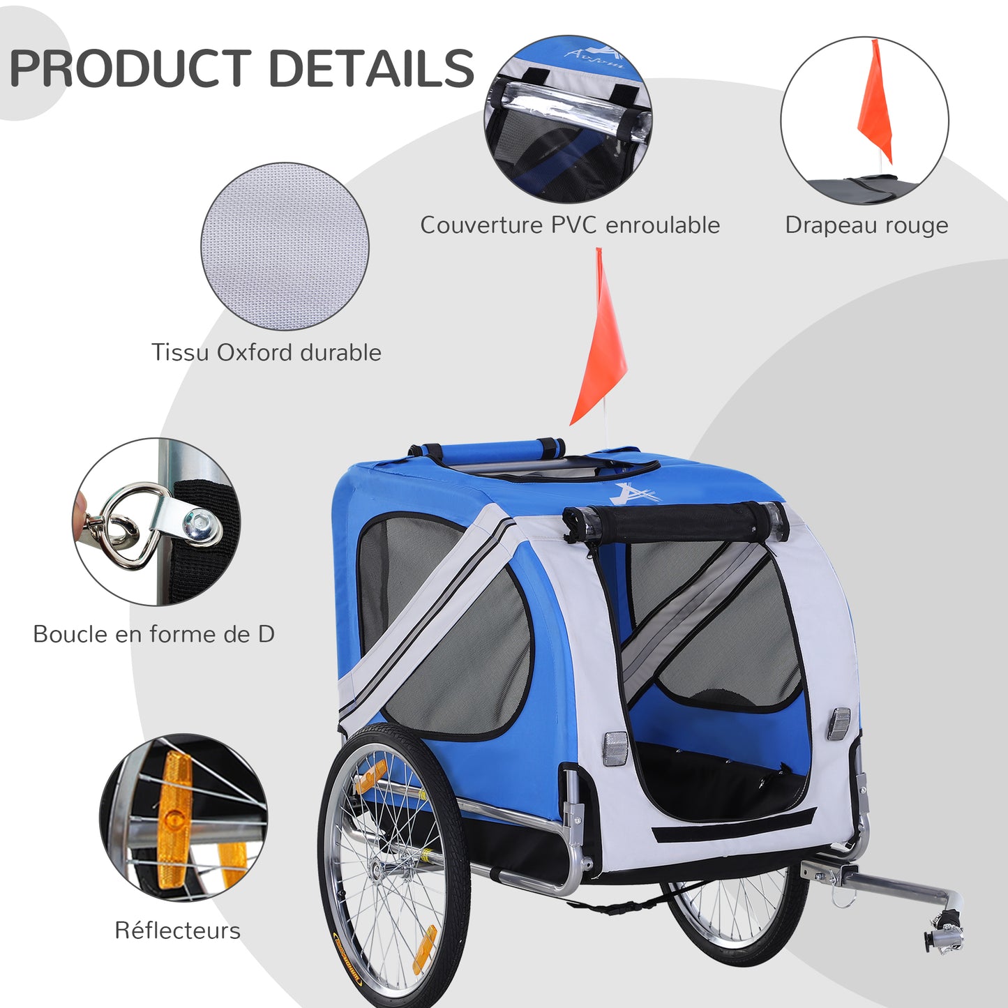 Fietskar Hond – Hondenfietskar – Hondenkar – Fietsaanhanger – Dierenkar – Stalen Frame – Waterdicht Oxford Polyester – Max 30 Kg – Wit Blauw – Met Reflectoren en Vlag