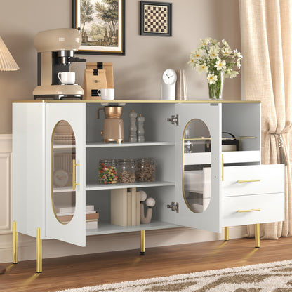 Dressoir – Sideboard – Opbergkast – Dressoirkast – Meubel – Wit Met Gouden Accenten – Glazen Deuren – 140x38x90 cm – Soft-Close Lades – Kabelbeheer
