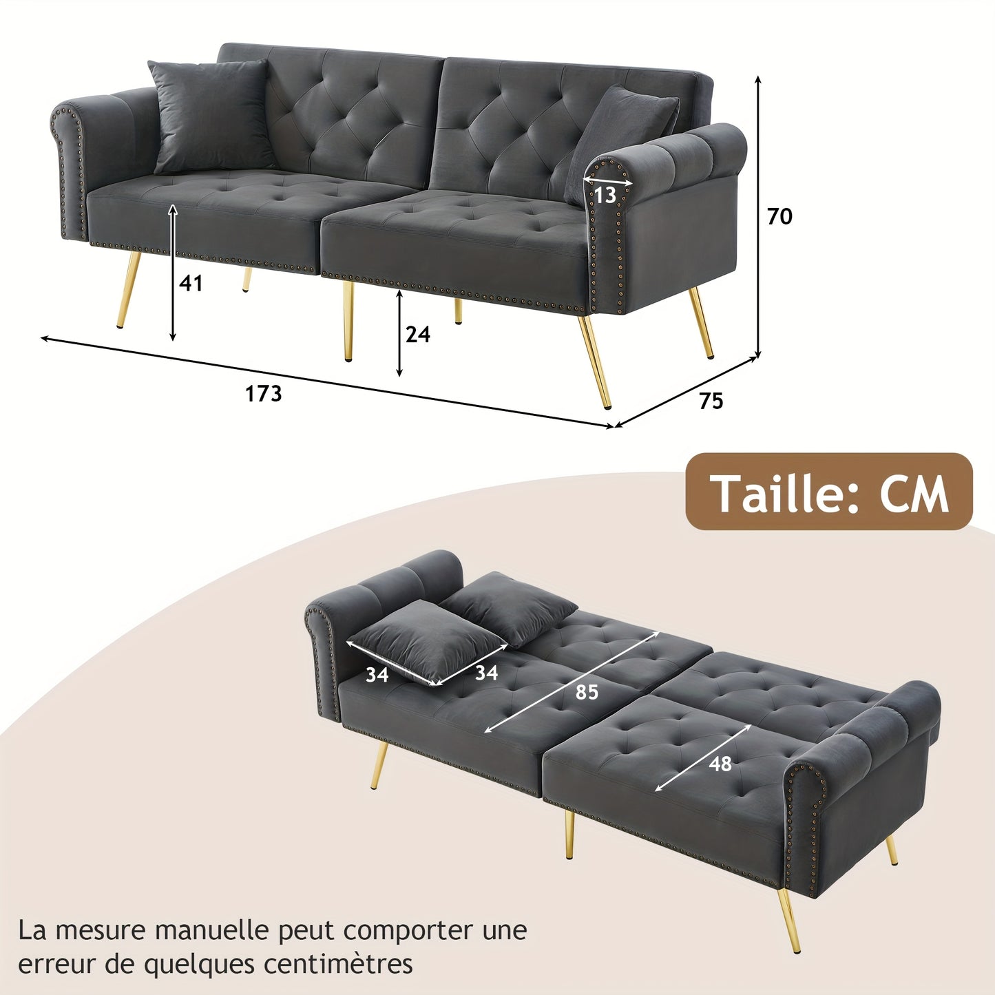 Modern Double Sofa Bed - Velvet Cover, Backrest with 3 Levels Of Adjustment And Gold Plated-plated Metal Feet Stylish Sofa with Sleeping Function - Space-saving And Flexible, Ideal for Small Rooms