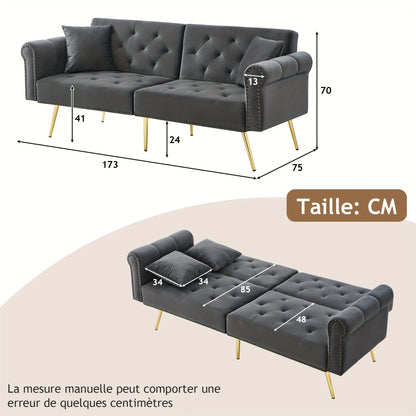 Modern Double Sofa Bed - Velvet Cover, Backrest with 3 Levels Of Adjustment And Gold Plated-plated Metal Feet Stylish Sofa with Sleeping Function - Space-saving And Flexible, Ideal for Small Rooms