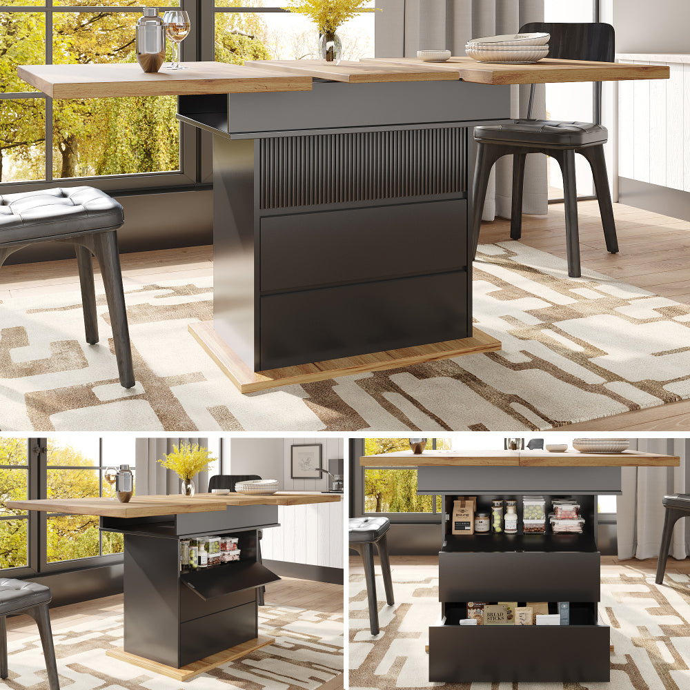 Uitklapbare Eettafel – Klaptafel – Uitschuifbare Tafel – Eettafel Compact – Meubeltafel – Zwart-Wit – Uitbreidbaar 110-140 cm – 3-Lagen Opbergruimte – Stevige Duurzame Constructie