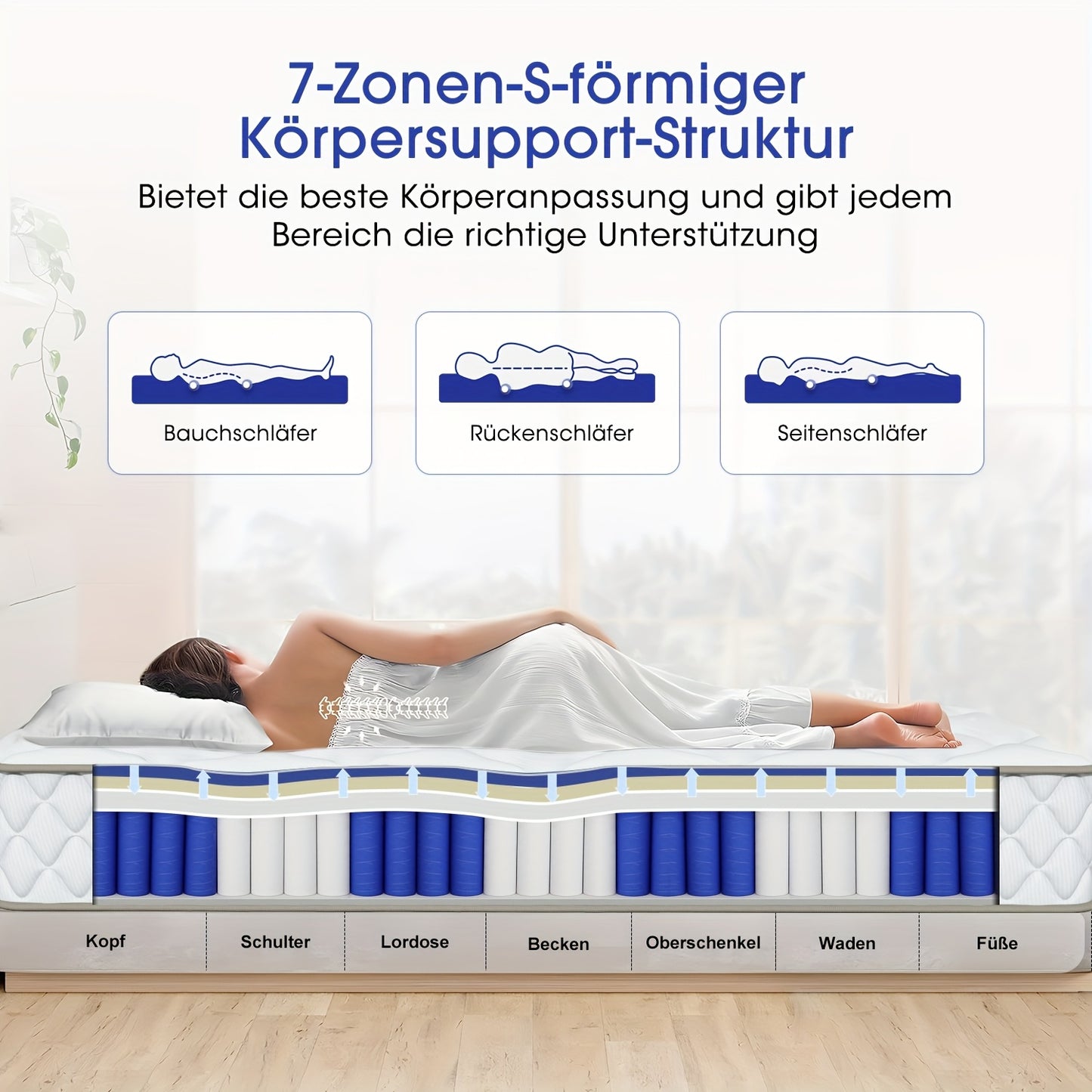 Matras – Pocketveringmatras – Koudschuimmatras – Eenpersoonsmatras – Twijfelaar matras – 100x200 cm – 7-zones pocketveren – 22 cm hoogte
