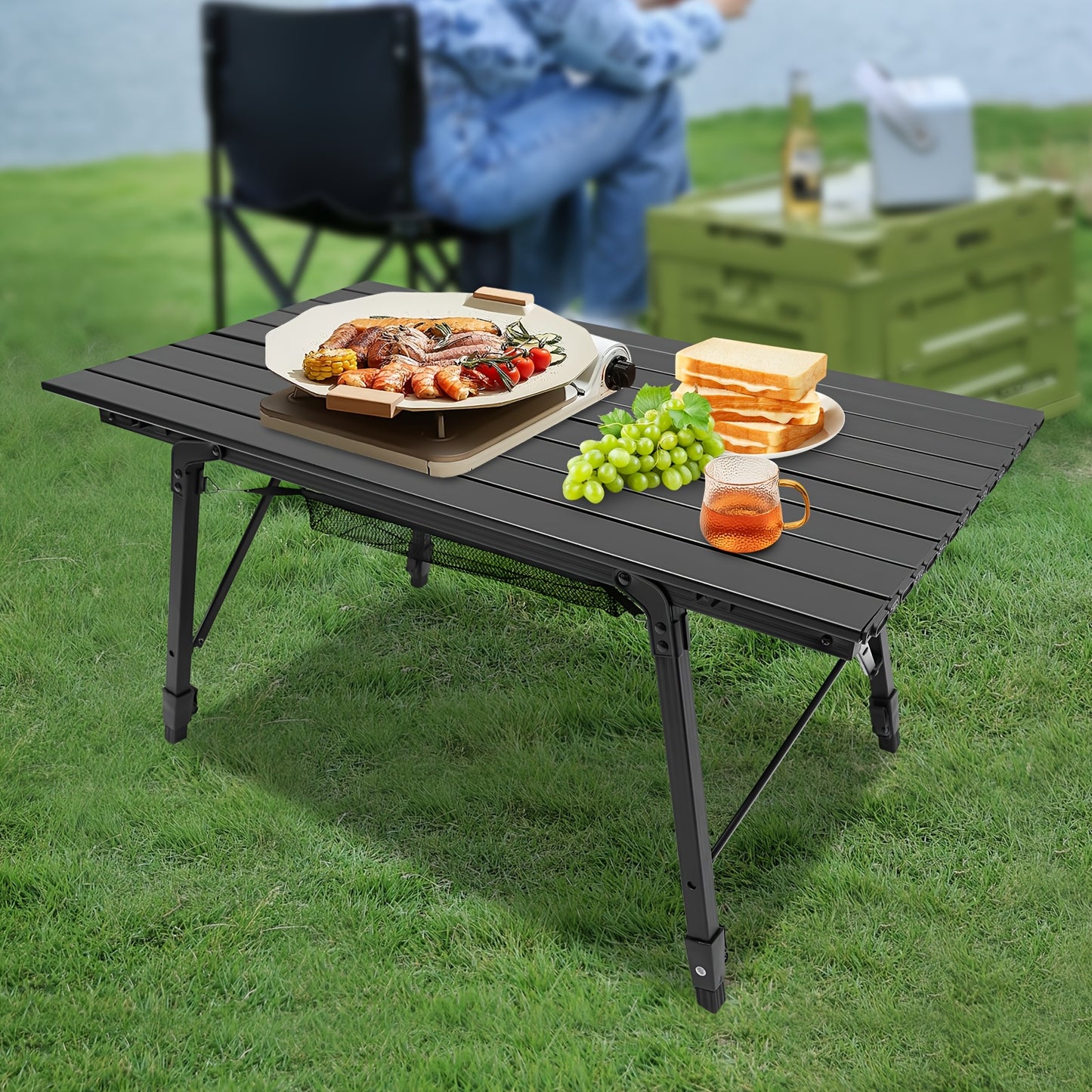 35.4*20*17.7 -25.6 Inch Folding Camping Table Aluminum Barbecue Table + Mesh Pocket For Camping, Fishing, Picnic, Barbecue, Party, Total Load Capacity 30.0 KG