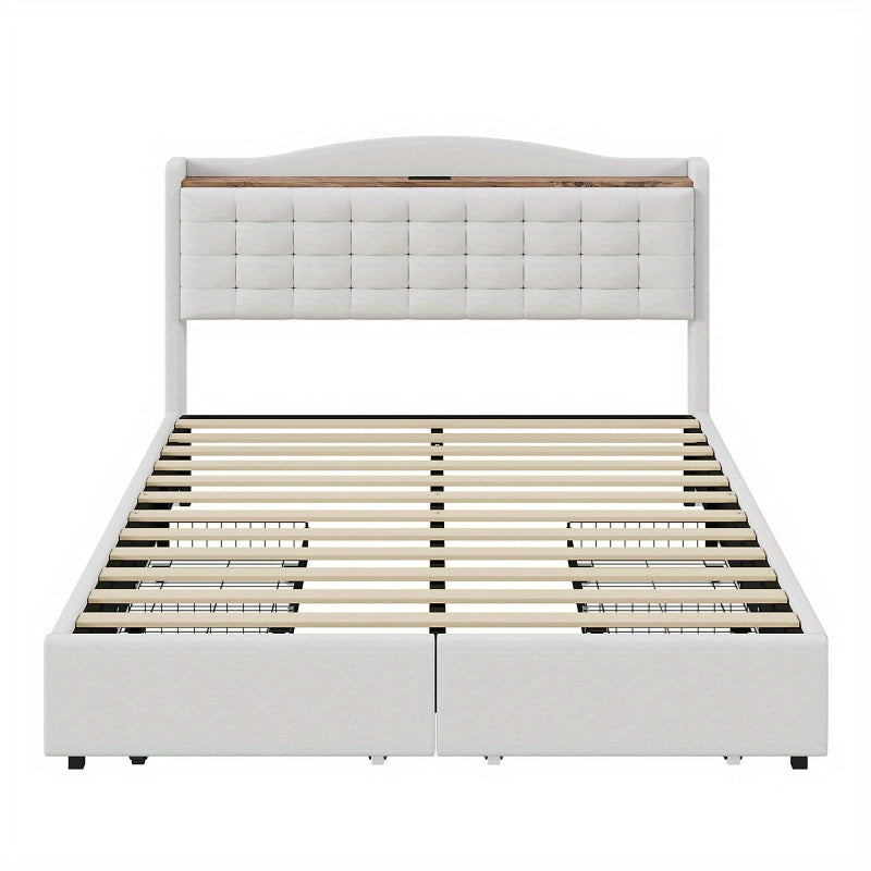 Tweepersoonsbed – Gestoffeerd Bed – Opbergbed – Slaapbed – Bedframe – 140x200 cm – Linnen Bekleding Beige – Inclusief Nachtkastje Met Laadfunctie