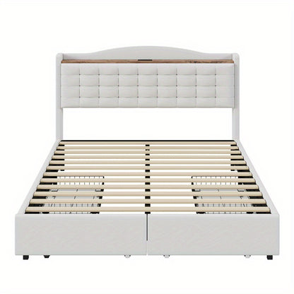 Tweepersoonsbed – Gestoffeerd Bed – Opbergbed – Slaapbed – Bedframe – 140x200 cm – Linnen Bekleding Beige – Inclusief Nachtkastje Met Laadfunctie
