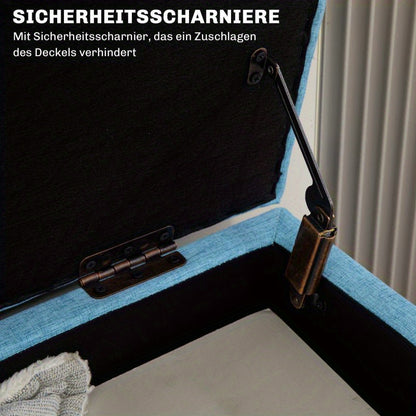 Opbergbank – Opbergbox – Zitbank – Opbergkist – Bankje – Blauw Gestoffeerde Opbergbank – Linnenlook Polyester – Stevige Rubberwood Poten – 110x39x45 cm – Verborgen Opbergruimte