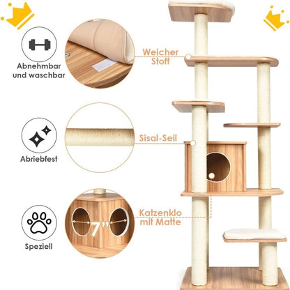 Krabpaal – Kattentoren – Klimmeubel – Krabmeubel – Kattenmeubel – 6 Lagen Met Kattenhol – 175 cm Hoog – Stevig Sisal – Zachte Wasbare Stoffen