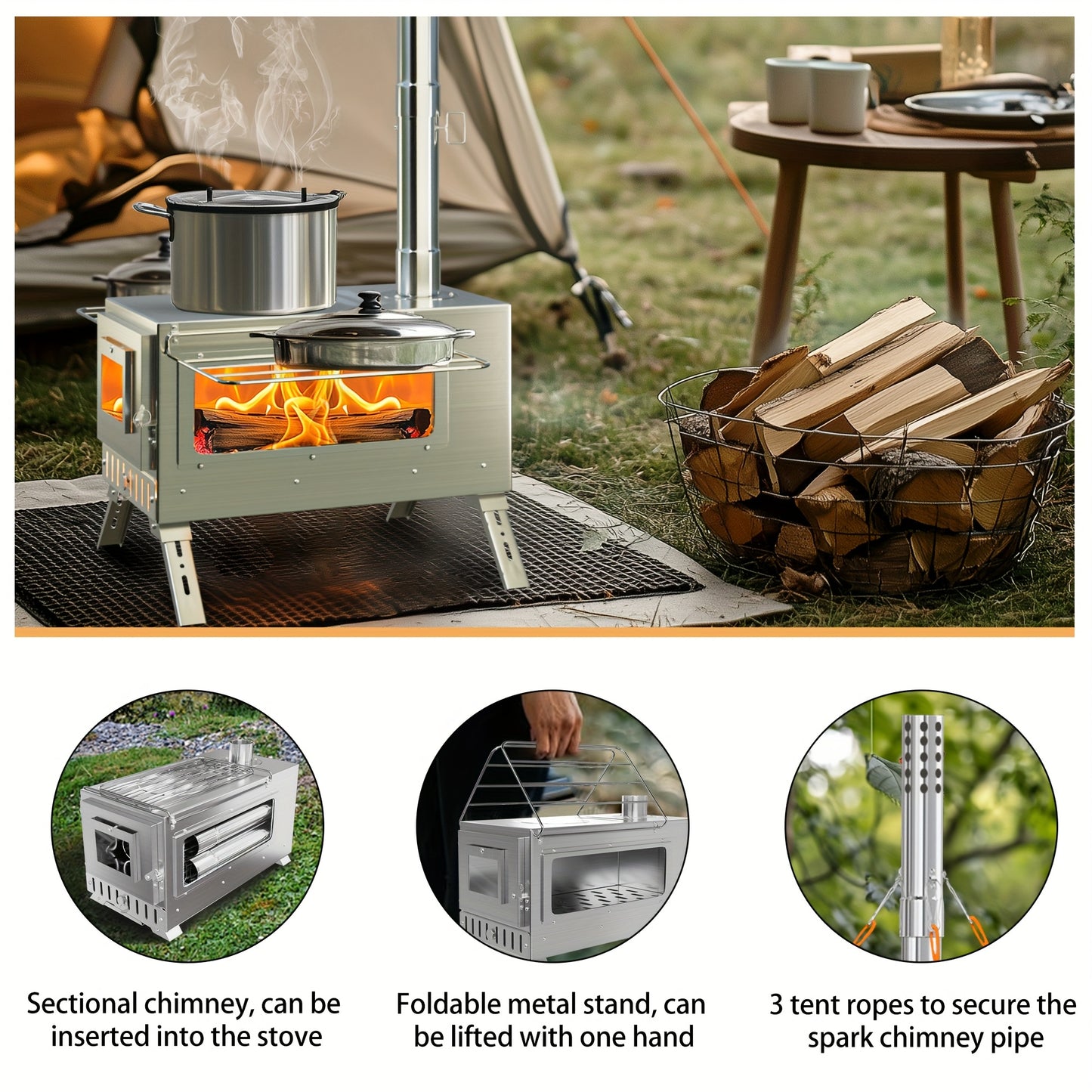 Houtkachel – Campingkachel – Tentkachel – Houtkachel Draagbaar – Outdoor Houtkachel – RVS – 7 Schoorsteenpijpen – Compact & Lichtgewicht