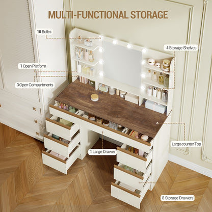 Kaptafel – Make-uptafel – Toillet – Verzorgingstafel – Slaapkamertafel – Wit met Gouden Accenten – Verstelbare Verlichting – Grote HD-Spiegel – Veel Opbergruimte