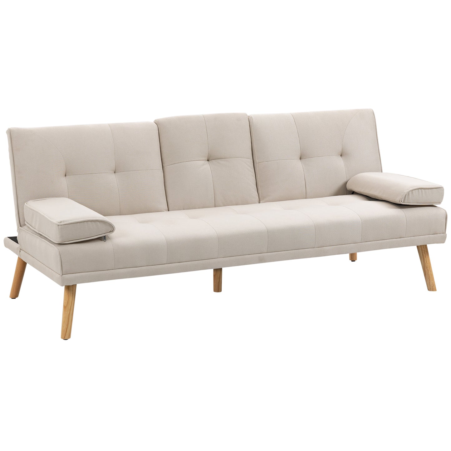 3-zits Slaapbank – Bedbank – Sleeper Sofa – Slaapbankje – Slaapzetel – Scandinavisch Design – Verstelbare Rugleuning in 3 Standen – Stevig Massief Populierenhout – Beige Linnen Bekleding