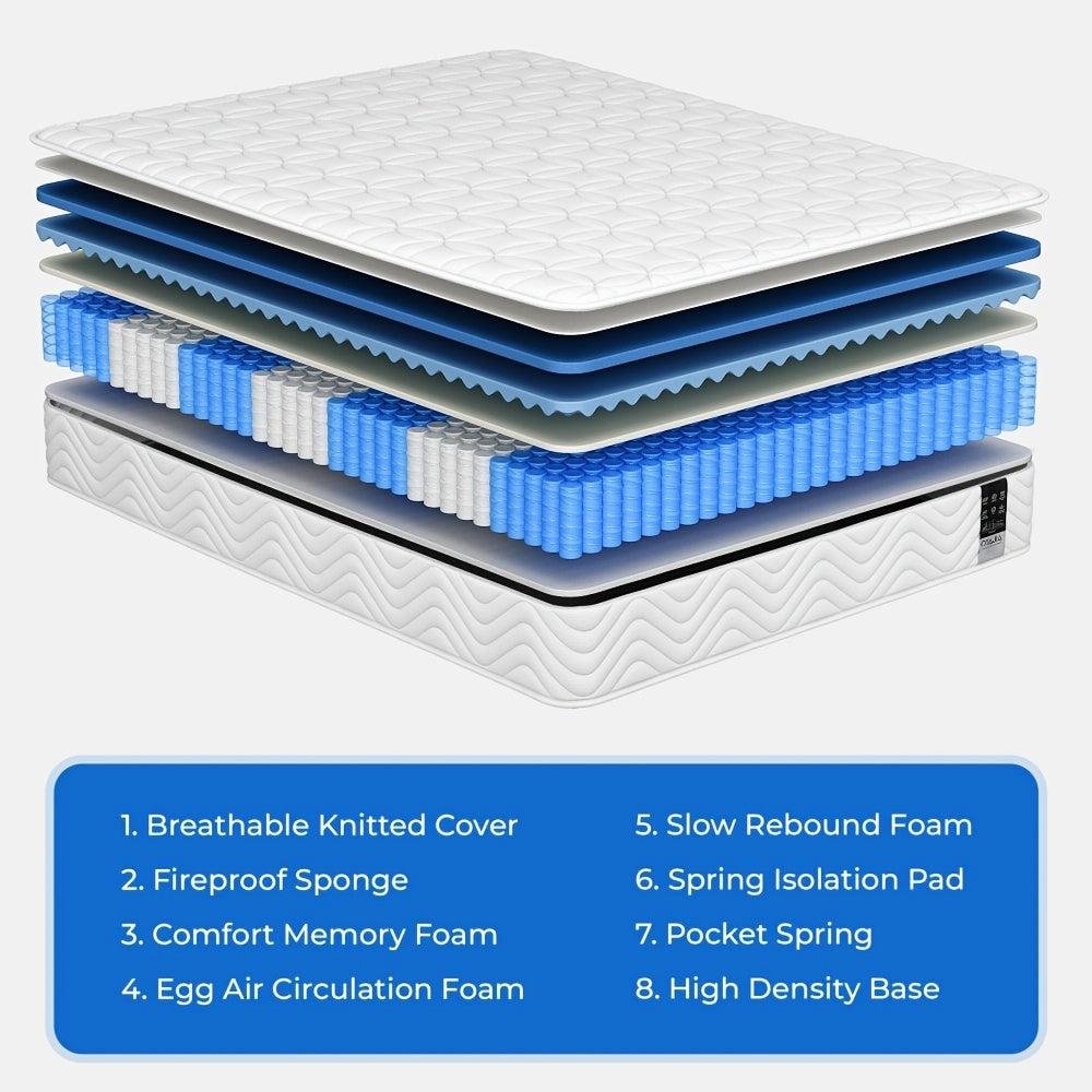 Single/Double Pocket Sprung Hybrid Mattress | Comfortable Memory Foam, Motion Isolation, Medium Firm, Sizes 90/140/160x200x23cm, Polyester Cover, Brand Oyajia