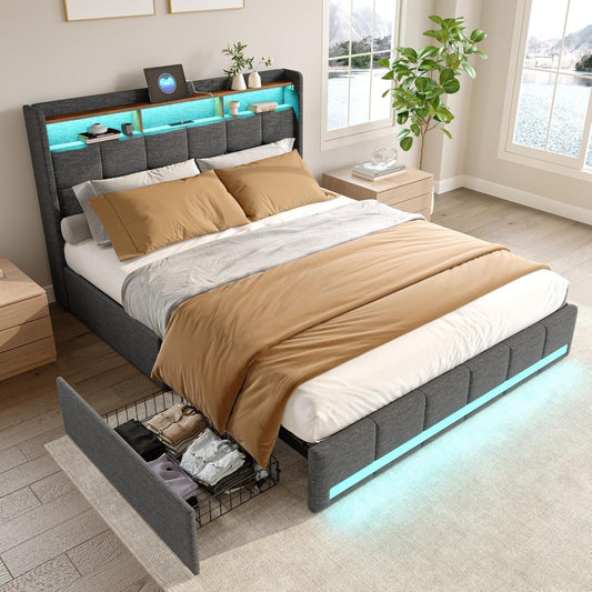 Gestoffeerd Tweepersoonsbed – Bed 160x200 cm – Slaapbank – Stapelbed – Opbergbed – Met RGB LED Verlichting – 4 Lades & USB/Type-C Oplaadpunten – Grijs Linnen
