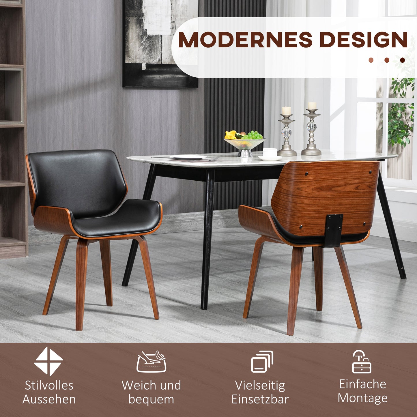 Eetkamerstoel – Vintage Stoel – Kuipstoel – Houten Stoel – Kunstleren Stoel – Set Van 2 – Comfortabele Foamzitting – Stevig Houten Frame
