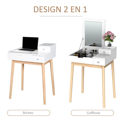 Kaptafel – Make-up Tafel – Vanity – Secretaire – Dressing Table – Scandinavisch Design – Vouwbare Spiegel – Ruime Opbergruimte – Wit MDF – Compact 60x50x86 cm