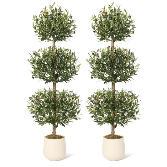2PACK Artificial Olive Tree | 152.4cm Tall Triple Ball Topiary Faux Plant with Moss & Pot | Realistic Fake Shrubs Trees for Home, Office, Porch Decor | Plastic, Floor Placement, Suitable for Christmas, Halloween, Thanksgiving