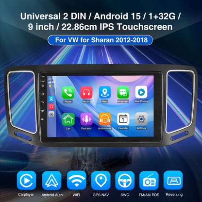 Autoradio VW Sharan 2012-2018 – 2 DIN Multimedia Speler – 9 Inch IPS Touchscreen – Android 15 Systeem – Draadloos CarPlay & Android Auto – Handsfree Bellen & Stuurbediening