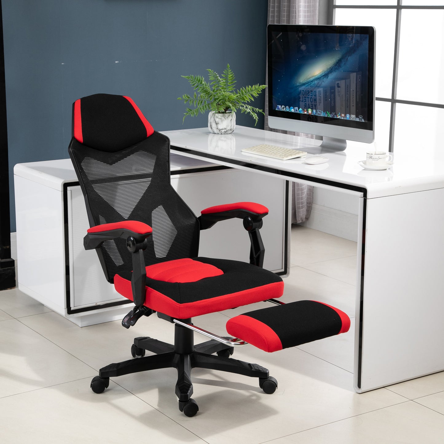 Gamingstoel – Gamestoel – Bureaustoel – Game Chair – Gamestoel – Ergonomisch Design – Verstelbare Hoogte Met Voetsteun – Polyester Zwart/Rood 58x63x112-122 cm