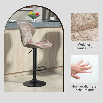 Barkrukken – Barstoelen – Keukenkrukken – Stoelen – Krukjes – Verstelbare Hoogte – 360° Draaibaar – Chenille Bekleding – Stalen Frame – Bruin – Set 2 Stuks